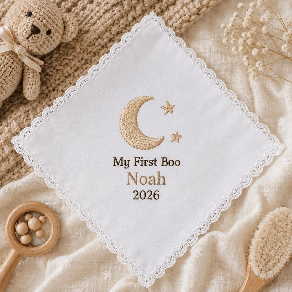 My First Boo Embroidered Handkerchief, Personalized Baby Keepsake Hanky, Custom Teddy Bear Halloween Newborn Gift