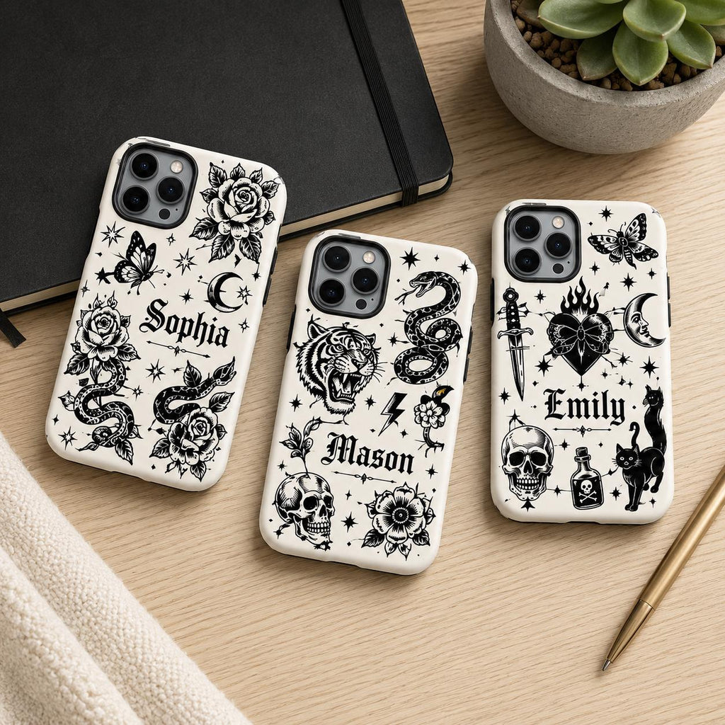 Custom Name Skull Rose iPhone Case, Rock N Roll Guitar Phone Protection