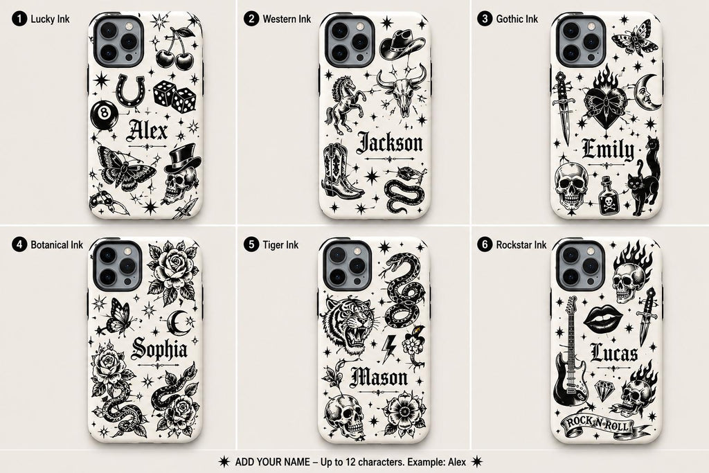 Custom Name Skull Rose iPhone Case, Rock N Roll Guitar Phone Protection