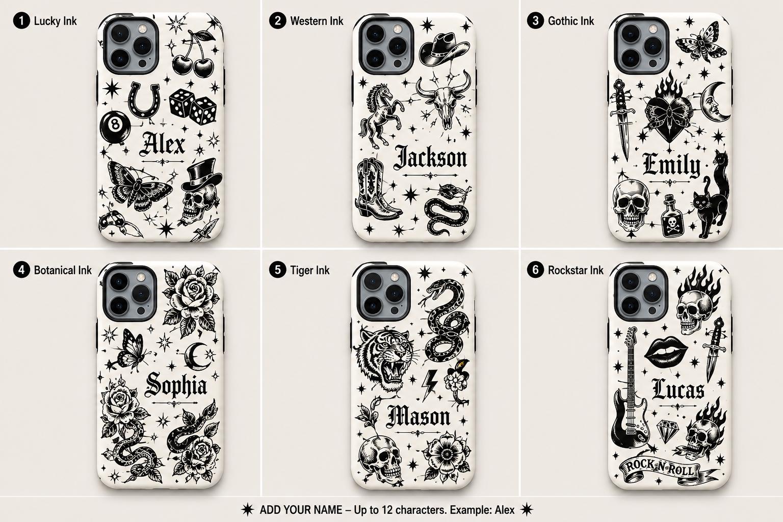 Custom Name Skull Rose iPhone Case, Rock N Roll Guitar Phone Protection