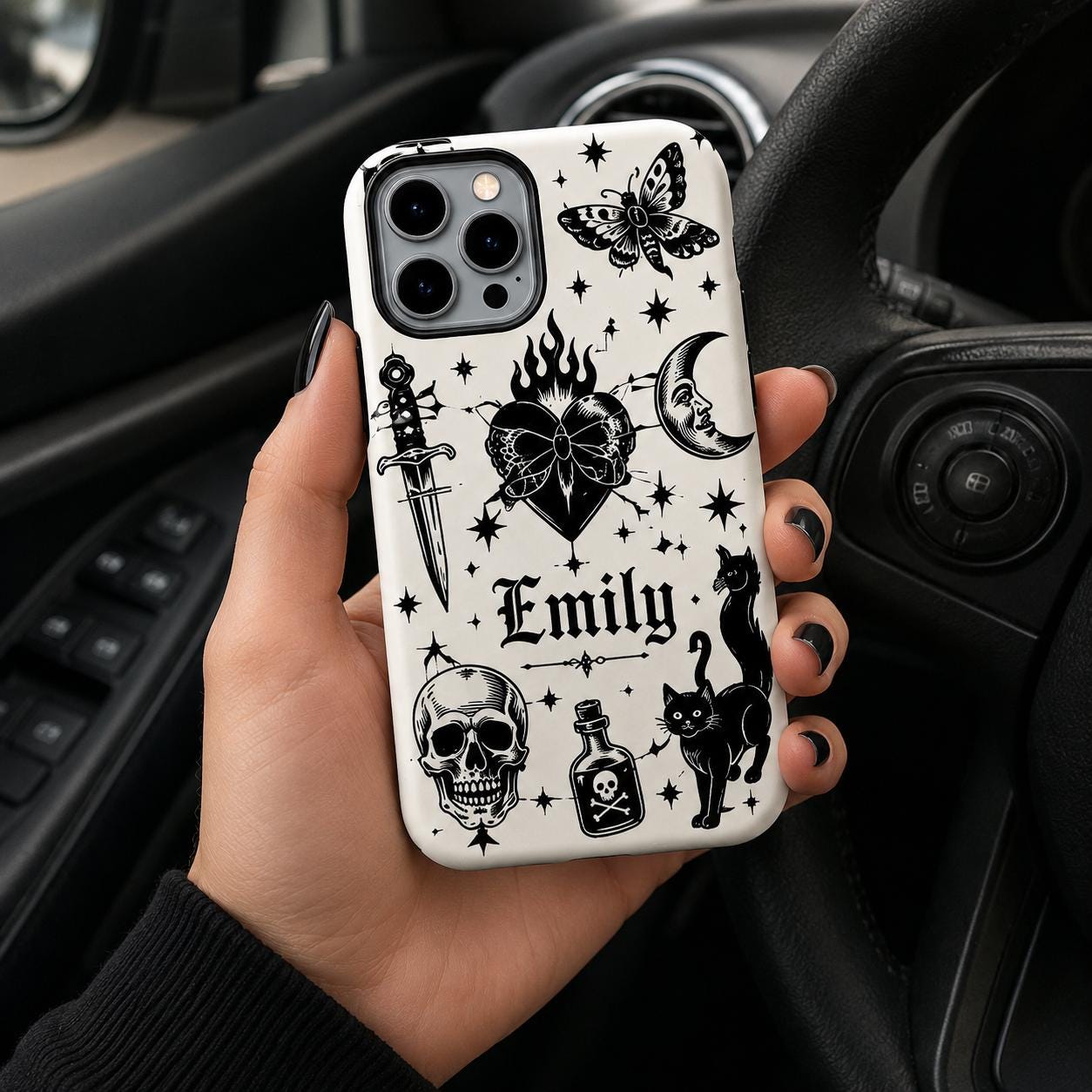 Custom Name Skull Rose iPhone Case, Rock N Roll Guitar Phone Protection
