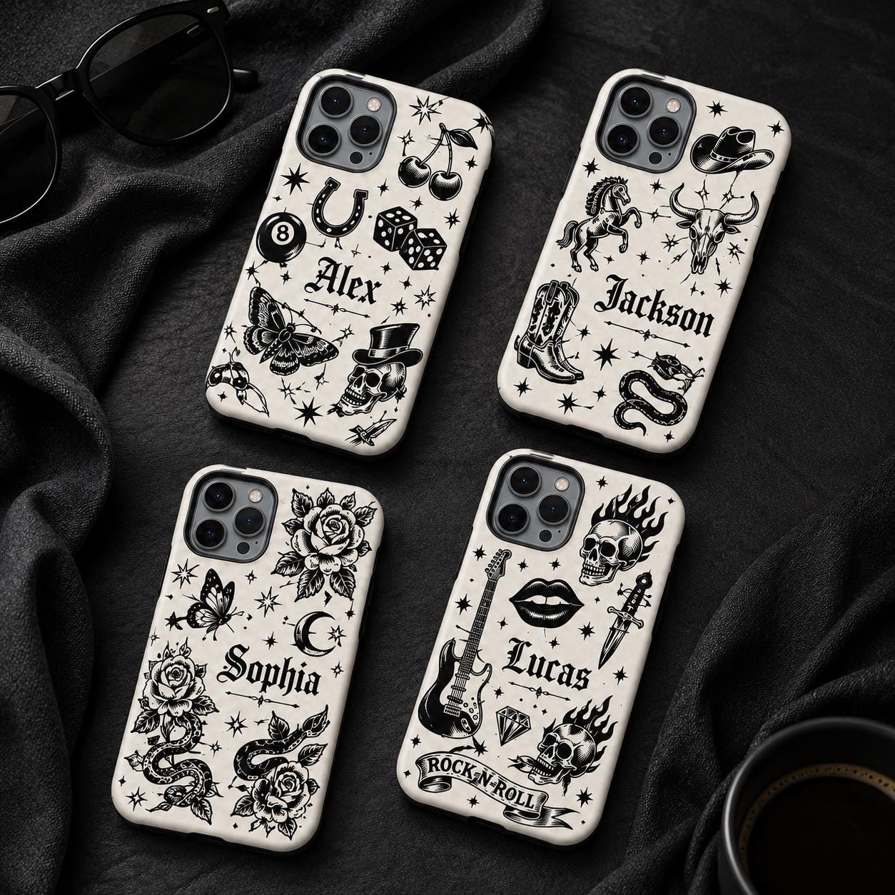 Custom Name Skull Rose iPhone Case, Rock N Roll Guitar Phone Protection