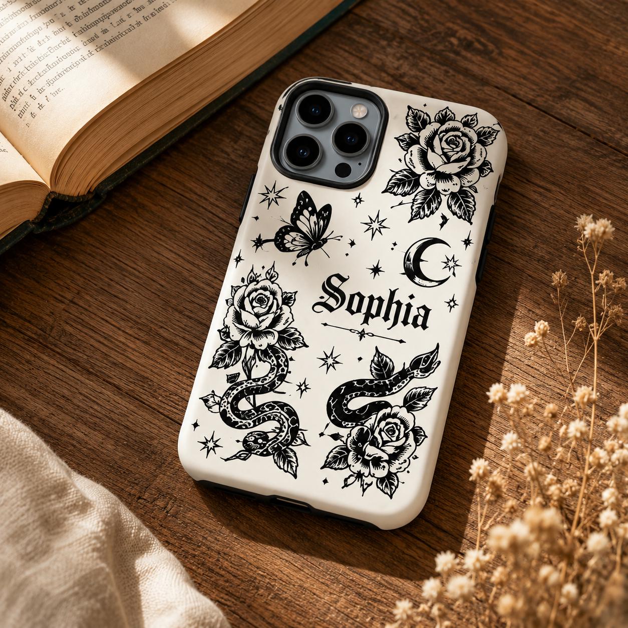 Custom Name Skull Rose iPhone Case, Rock N Roll Guitar Phone Protection