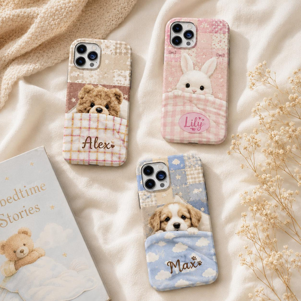 Personalized Teddy Bear iPhone Case, Pastel Bedtime Bear Name Cover