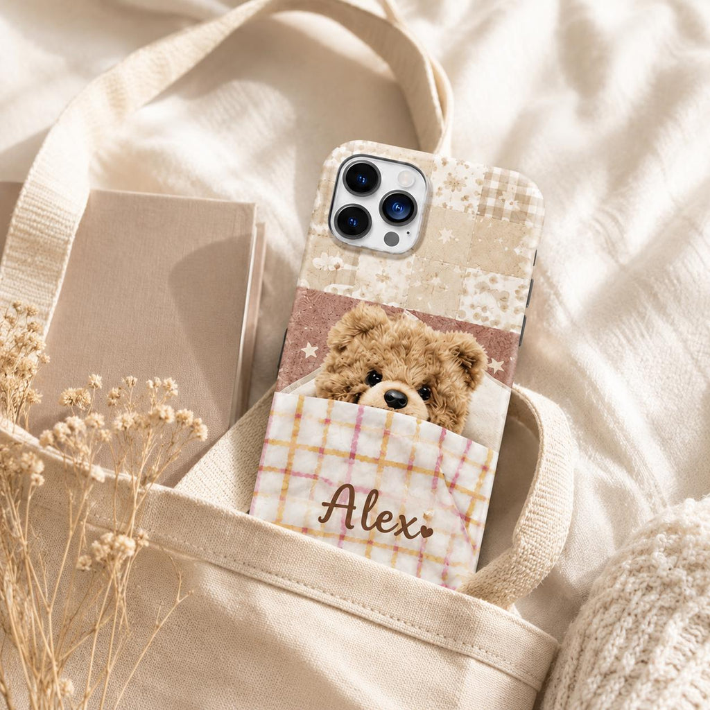 Personalized Teddy Bear iPhone Case, Pastel Bedtime Bear Name Cover