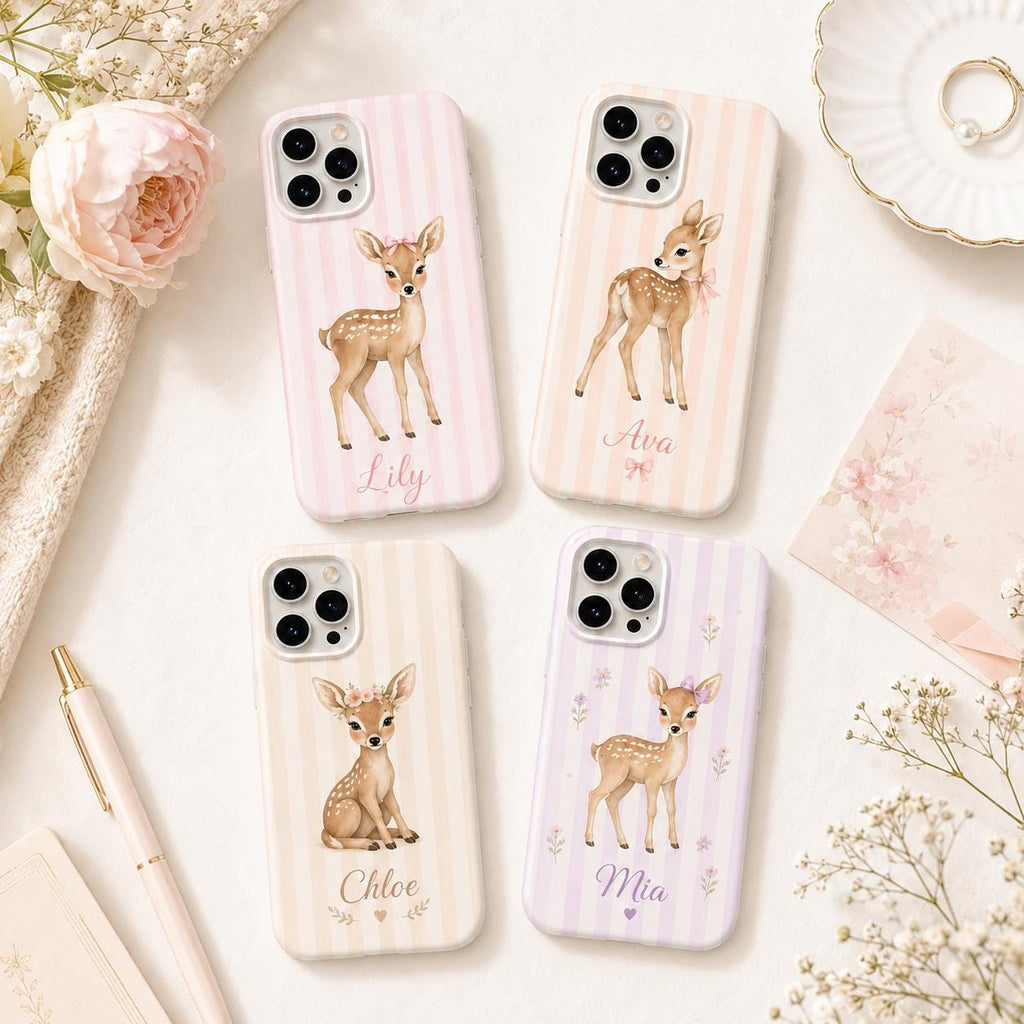 Personalized Fawn Pink Stripe iPhone Case, Baby Animal Tough Protection