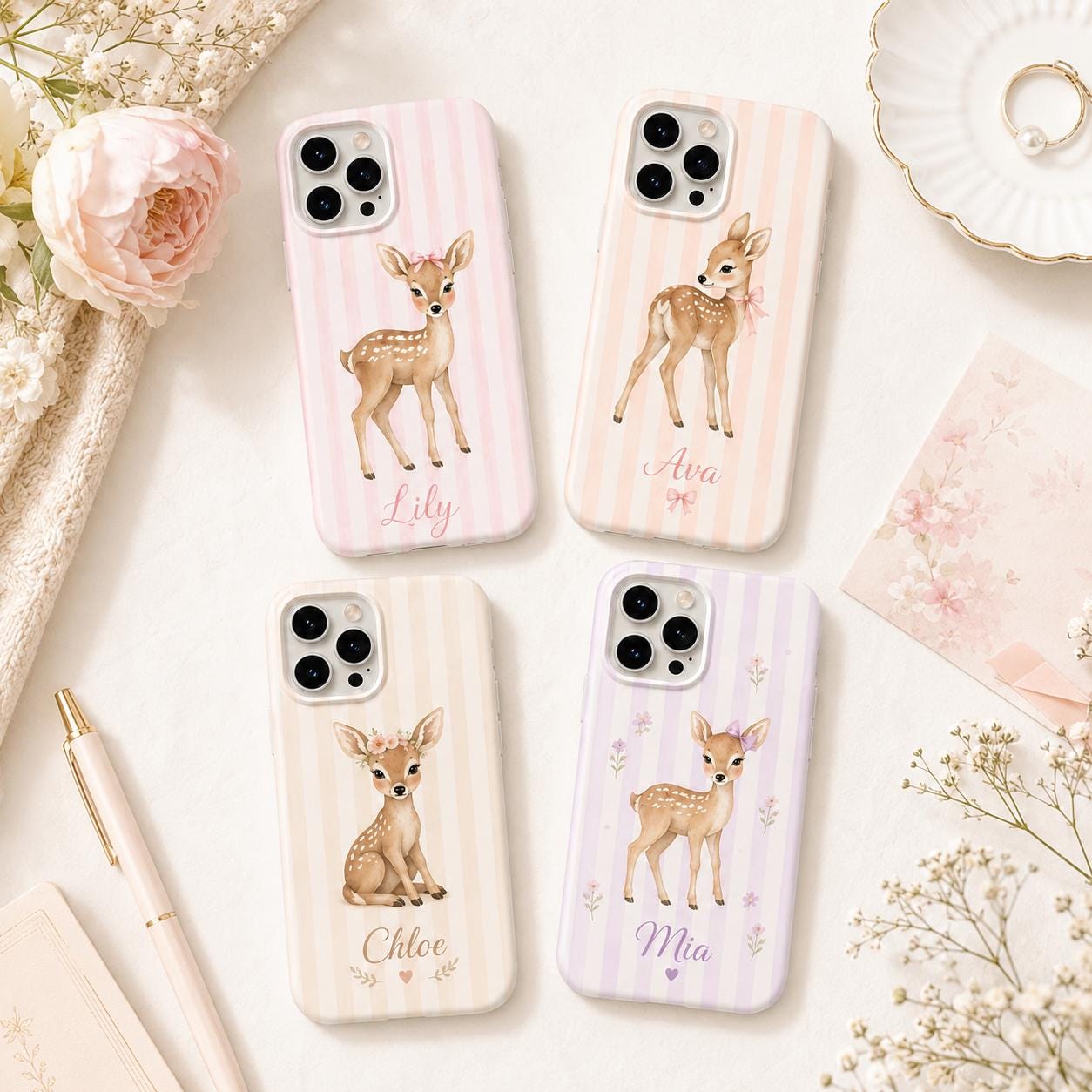 Personalized Fawn Pink Stripe iPhone Case, Baby Animal Tough Protection