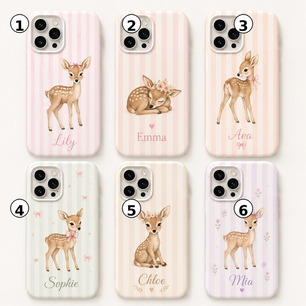 Personalized Fawn Pink Stripe iPhone Case, Baby Animal Tough Protection