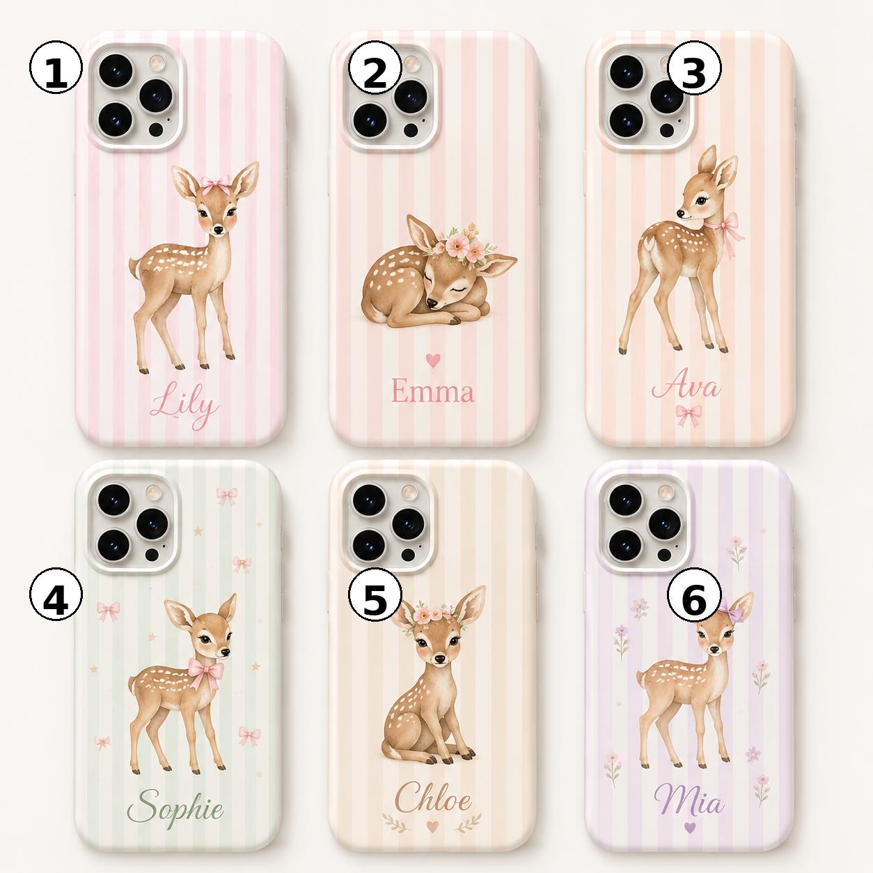 Personalized Fawn Pink Stripe iPhone Case, Baby Animal Tough Protection