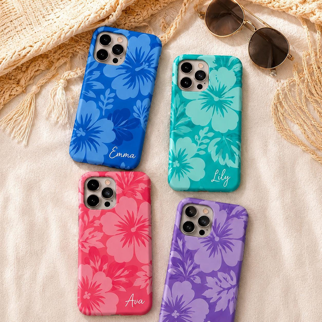 Custom Hibiscus Phone Case, Personalized Blue Tropical iPhone Case, Beach Flower Name Case Gif