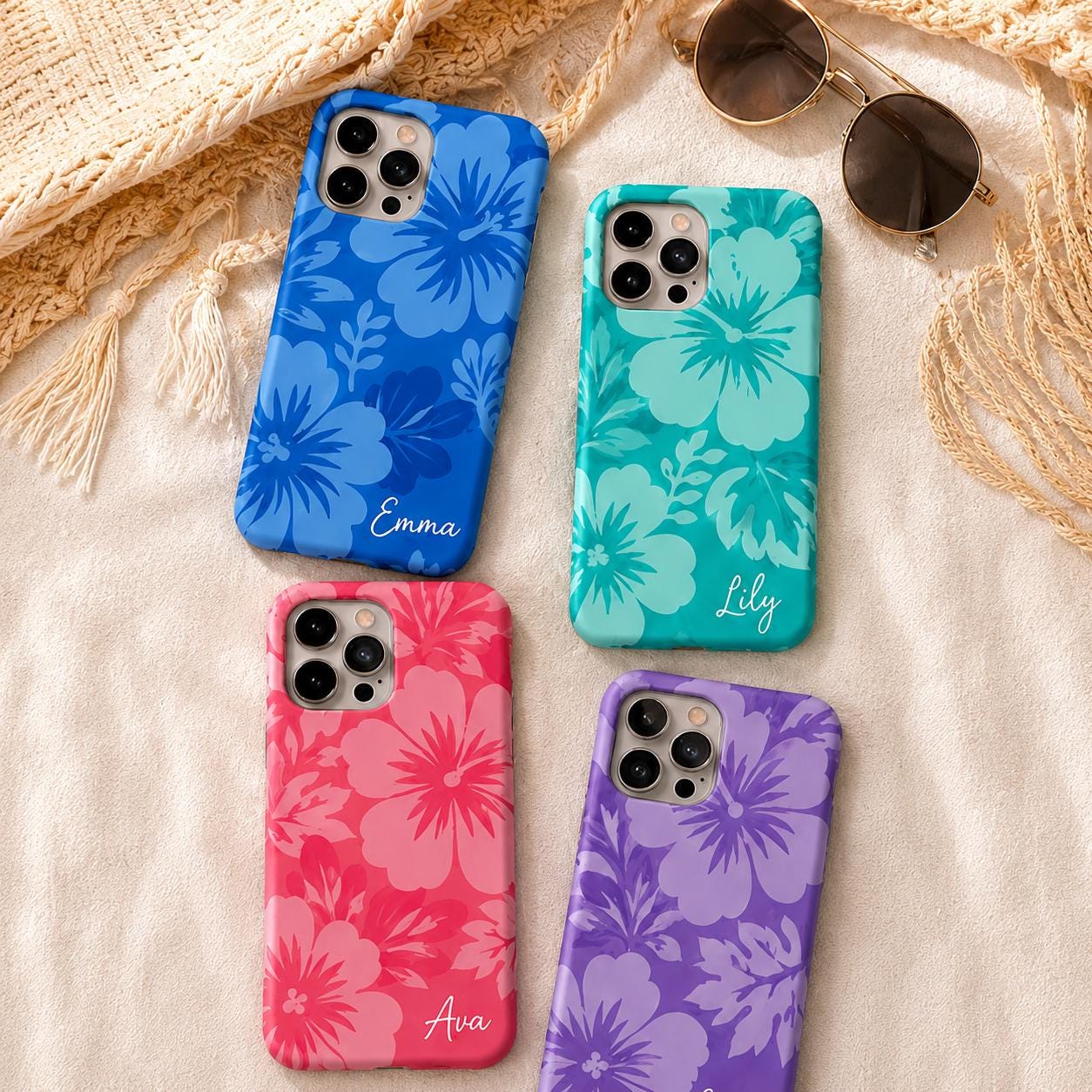 Custom Hibiscus Phone Case, Personalized Blue Tropical iPhone Case, Beach Flower Name Case Gif