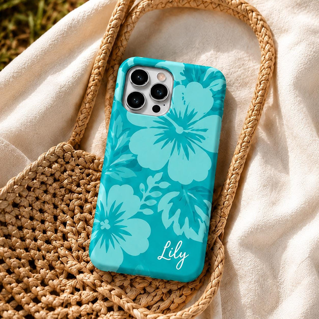 Custom Hibiscus Phone Case, Personalized Blue Tropical iPhone Case, Beach Flower Name Case Gif