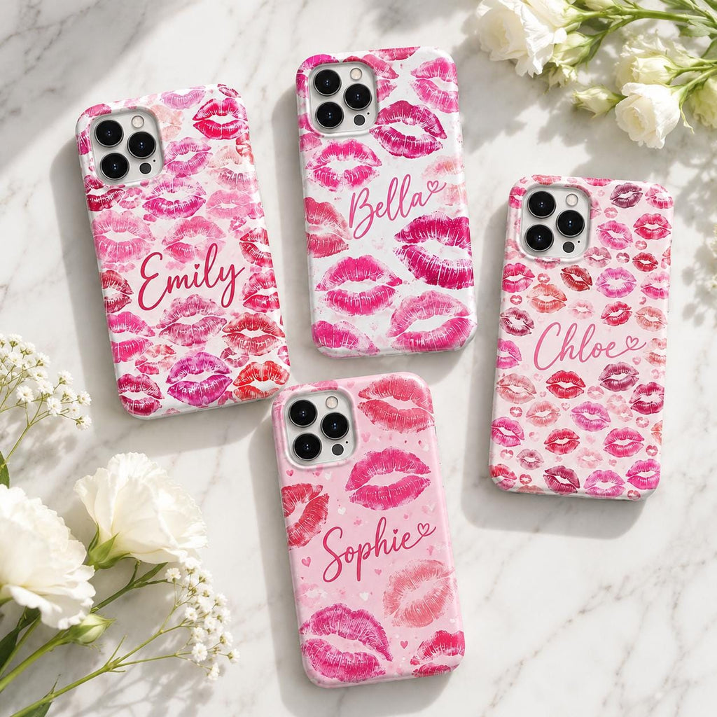 Custom Lipstick Kiss Phone Case, Personalized Name iPhone Case, Pink Lips Coquette Gift