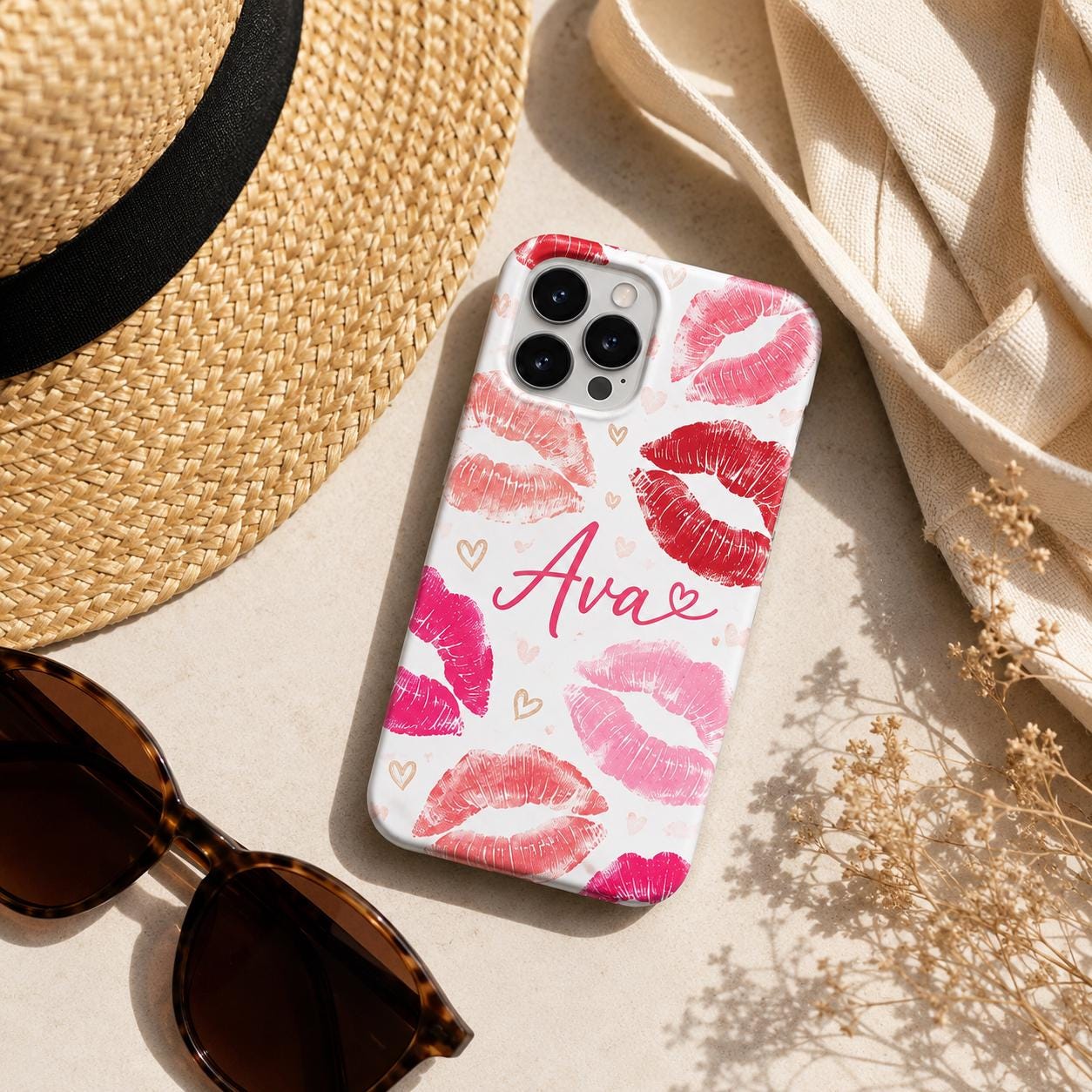 Custom Lipstick Kiss Phone Case, Personalized Name iPhone Case, Pink Lips Coquette Gift