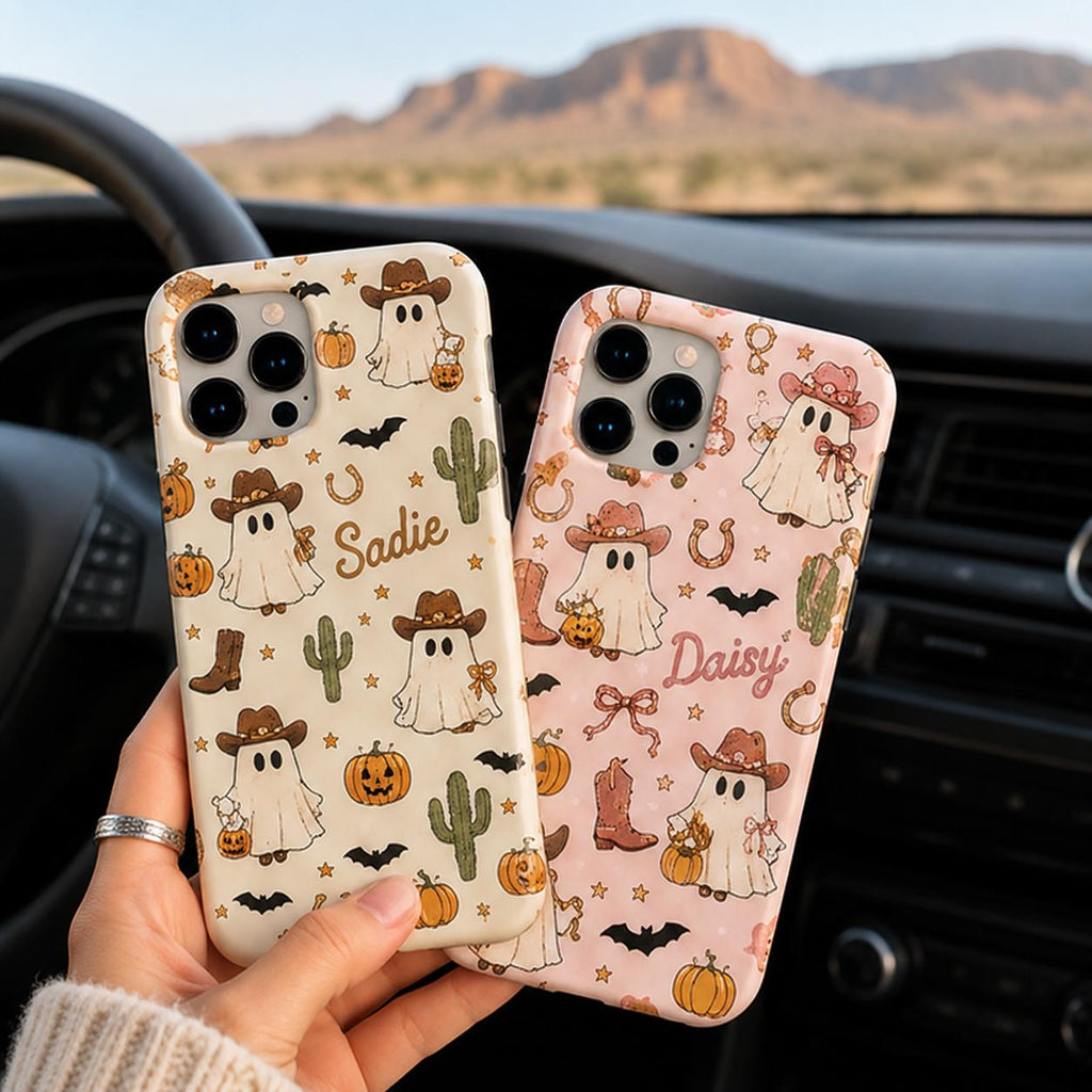 Custom Halloween Phone Case, Personalized Cowgirl Ghost iPhone Case, Cute Western Boo Gif