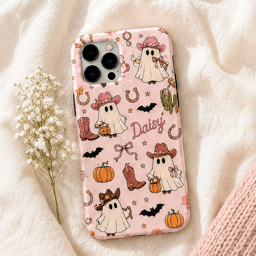 Custom Halloween Phone Case, Personalized Cowgirl Ghost iPhone Case, Cute Western Boo Gif