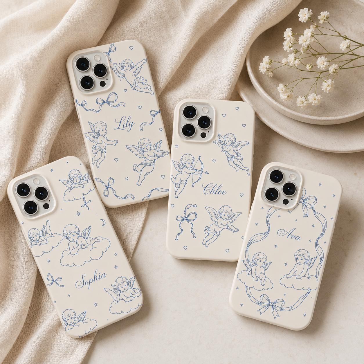Custom Cherub Phone Case, Personalized Angel Toile iPhone Case, Blue Coquette Name Case Gift