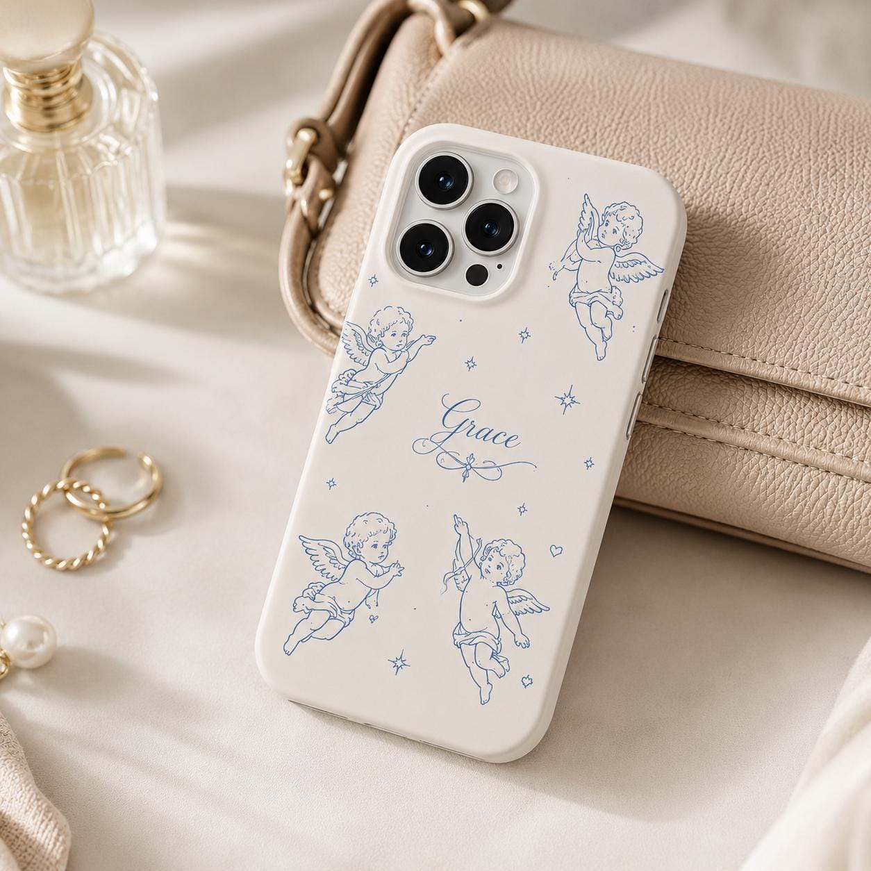 Custom Cherub Phone Case, Personalized Angel Toile iPhone Case, Blue Coquette Name Case Gift