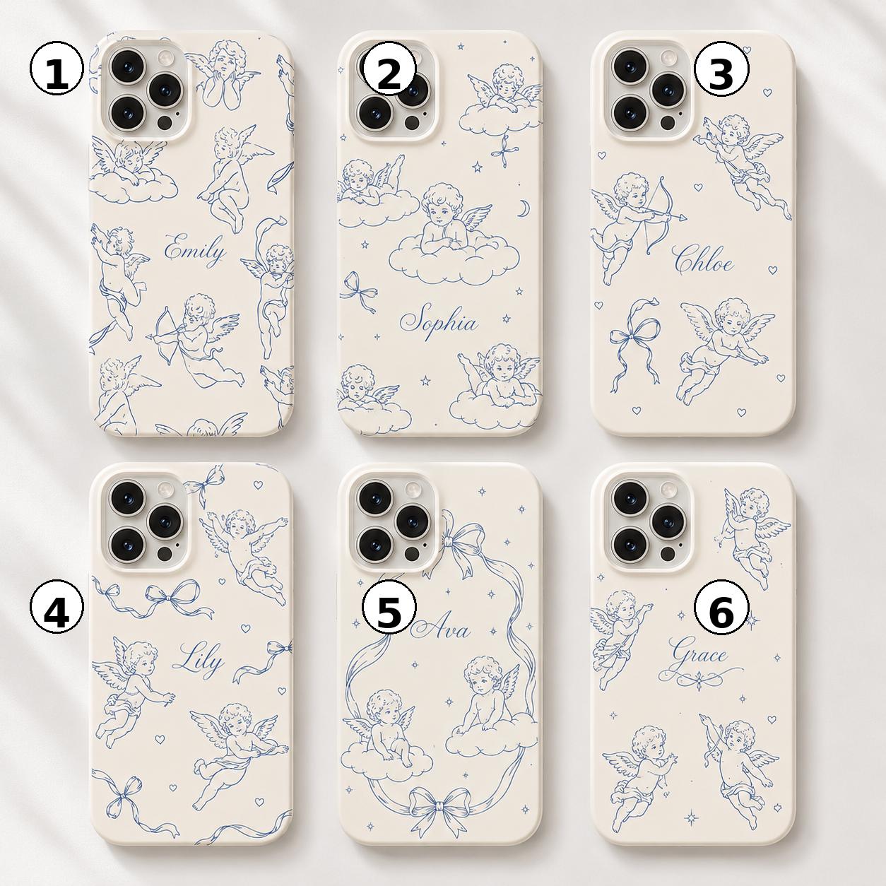 Custom Cherub Phone Case, Personalized Angel Toile iPhone Case, Blue Coquette Name Case Gift