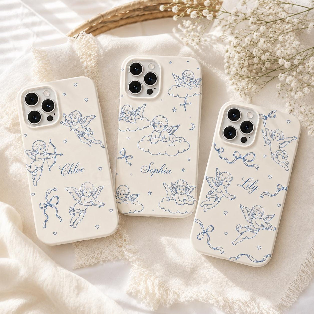 Custom Cherub Phone Case, Personalized Angel Toile iPhone Case, Blue Coquette Name Case Gift