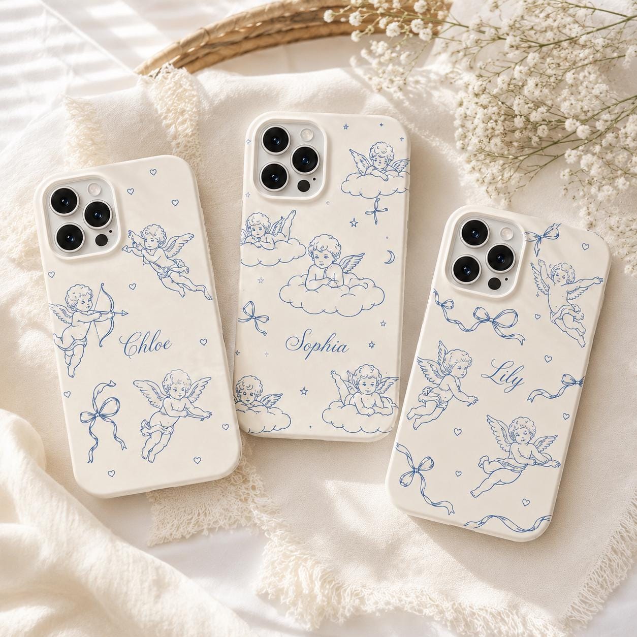 Custom Cherub Phone Case, Personalized Angel Toile iPhone Case, Blue Coquette Name Case Gift