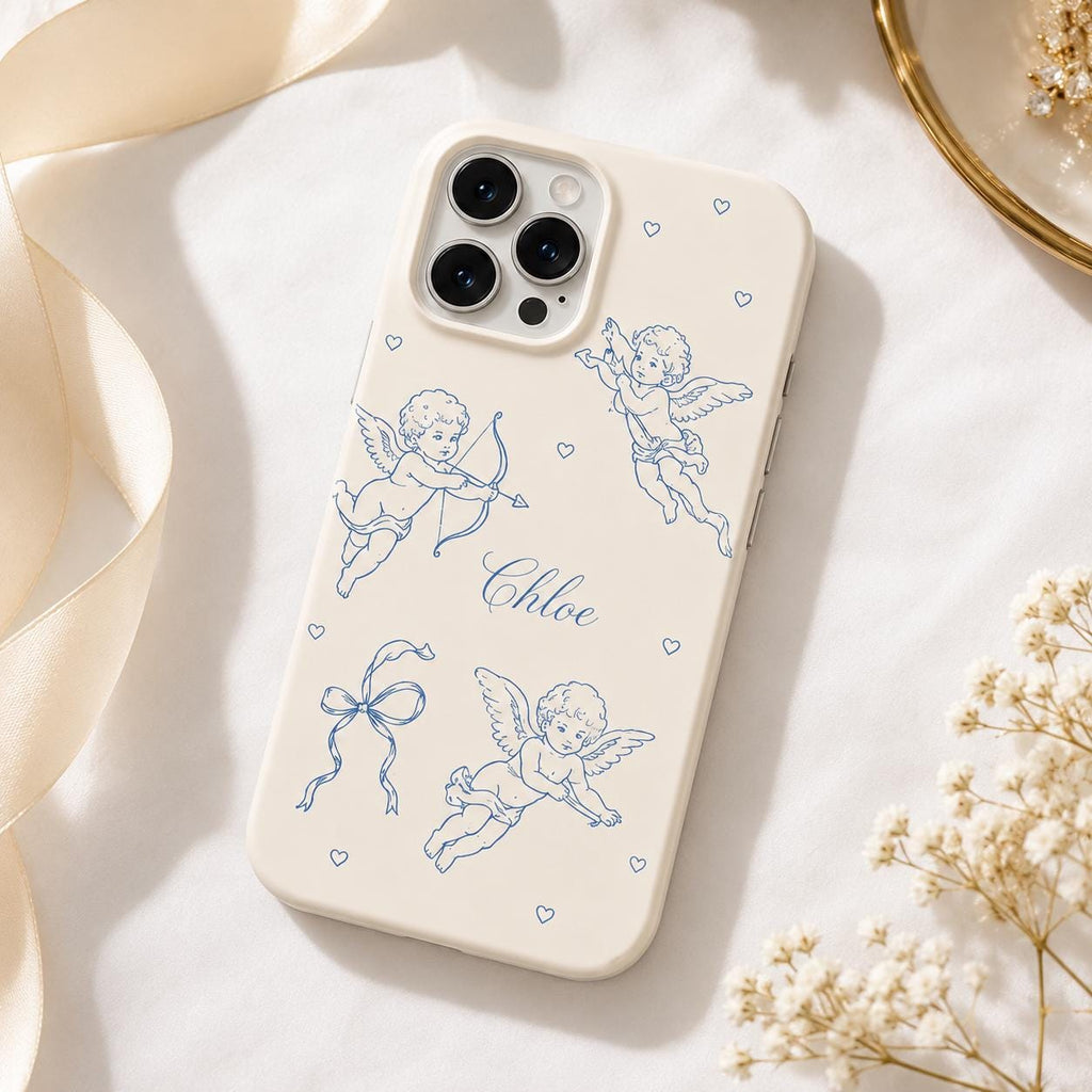 Custom Cherub Phone Case, Personalized Angel Toile iPhone Case, Blue Coquette Name Case Gift