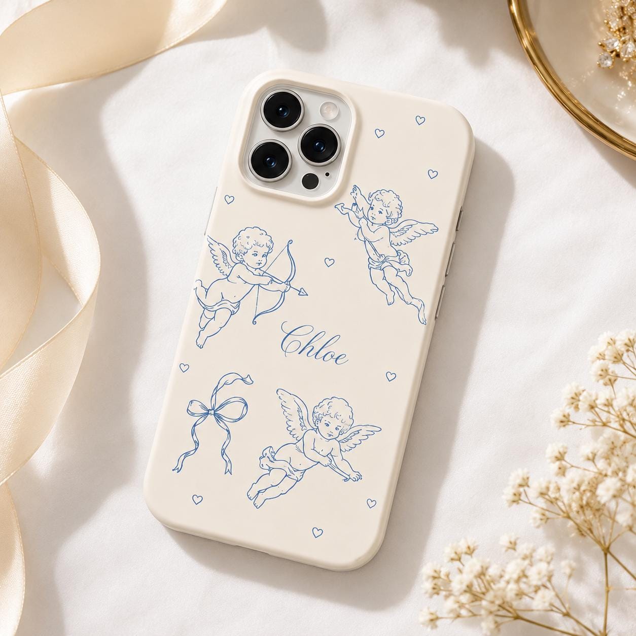 Custom Cherub Phone Case, Personalized Angel Toile iPhone Case, Blue Coquette Name Case Gift