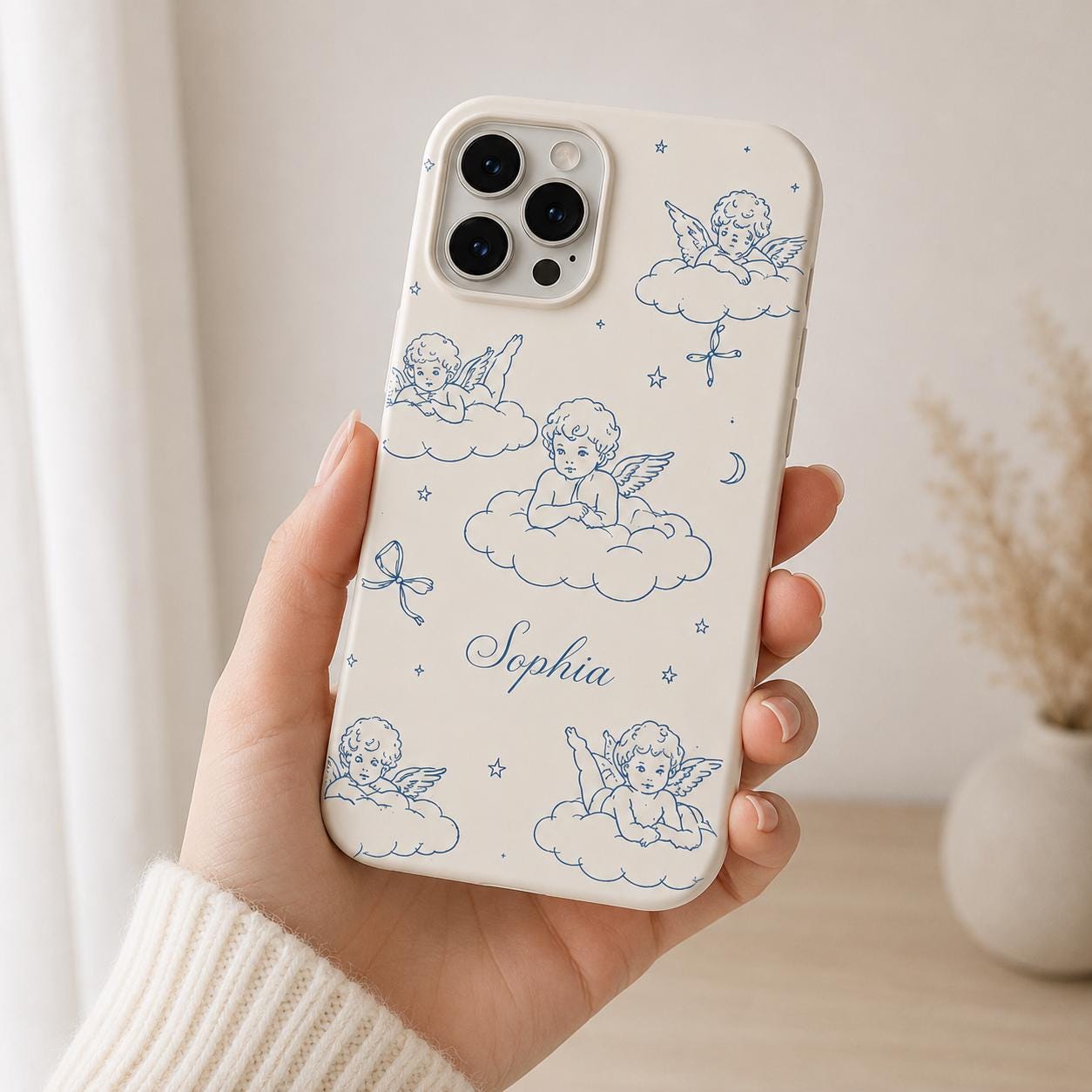 Custom Cherub Phone Case, Personalized Angel Toile iPhone Case, Blue Coquette Name Case Gift