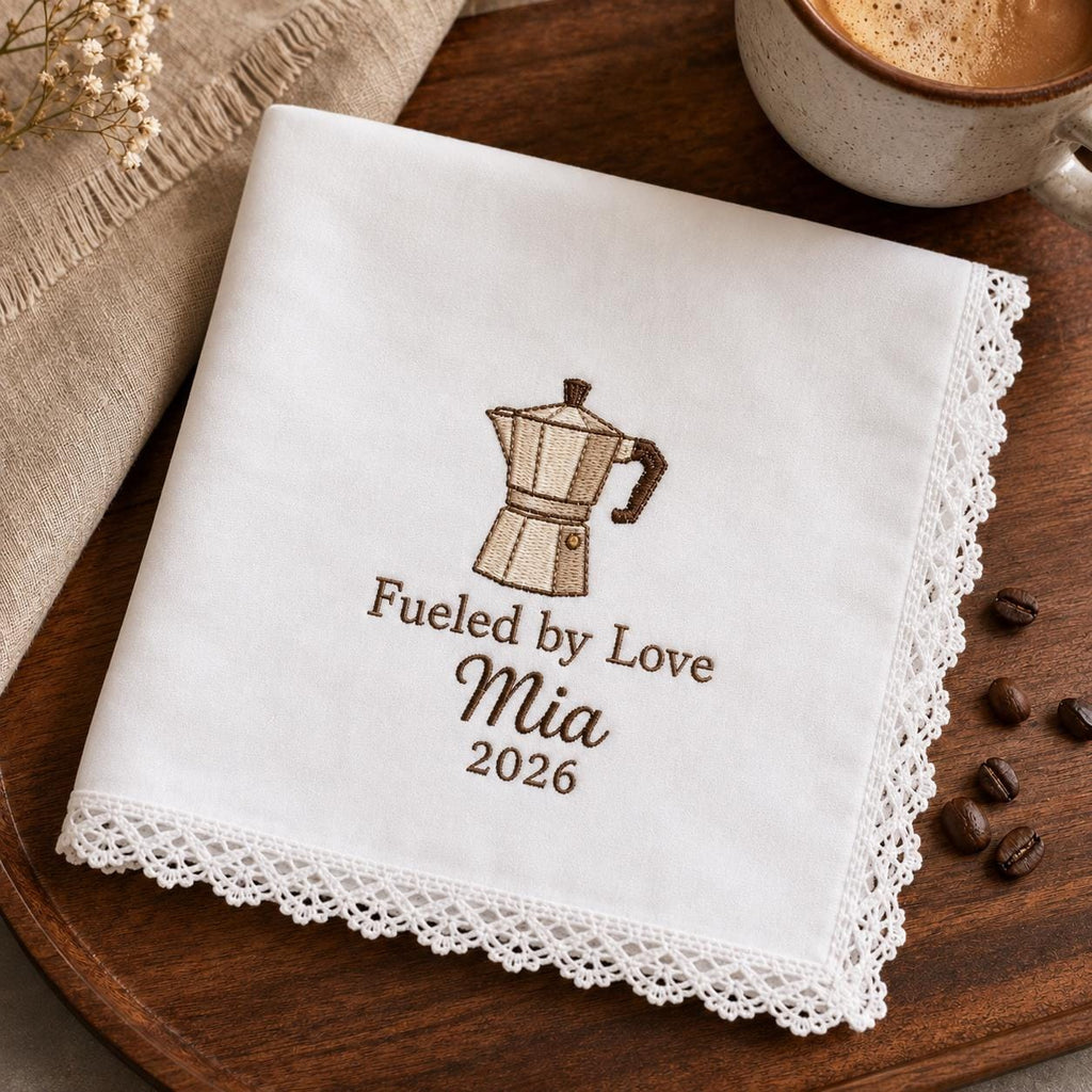Coffee Lover Embroidered Handkerchief, Personalized Barista Hanky, Custom Coffee Keepsake Gift for Cafe Owner
