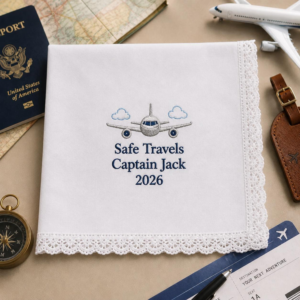 Safe Travels Embroidered Handkerchief, Personalized Pilot Hanky, Custom Flight Attendant Travel Keepsake Gift