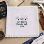 Safe Travels Embroidered Handkerchief, Personalized Pilot Hanky, Custom Flight Attendant Travel Keepsake Gift