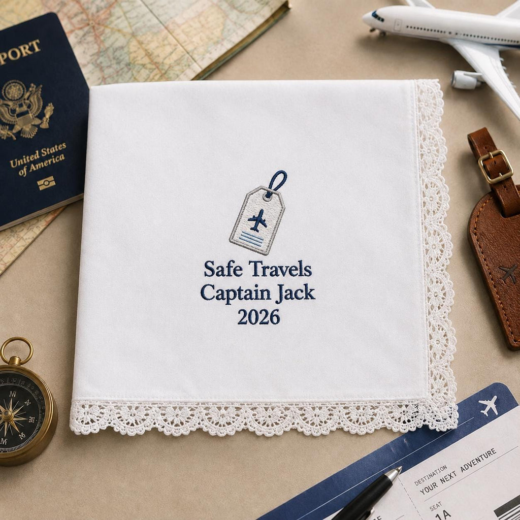 Safe Travels Embroidered Handkerchief, Personalized Pilot Hanky, Custom Flight Attendant Travel Keepsake Gift