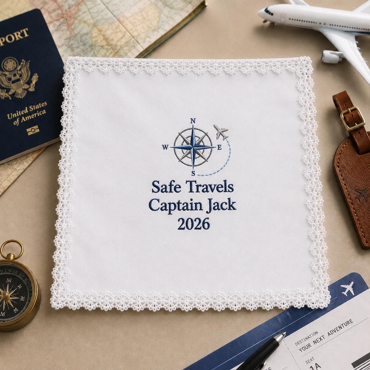 Safe Travels Embroidered Handkerchief, Personalized Pilot Hanky, Custom Flight Attendant Travel Keepsake Gift