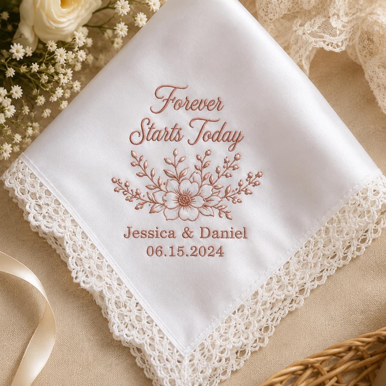 Forever Starts Today Embroidered Handkerchief, Personalized Wedding Hanky, Custom Anniversary Keepsake Gift