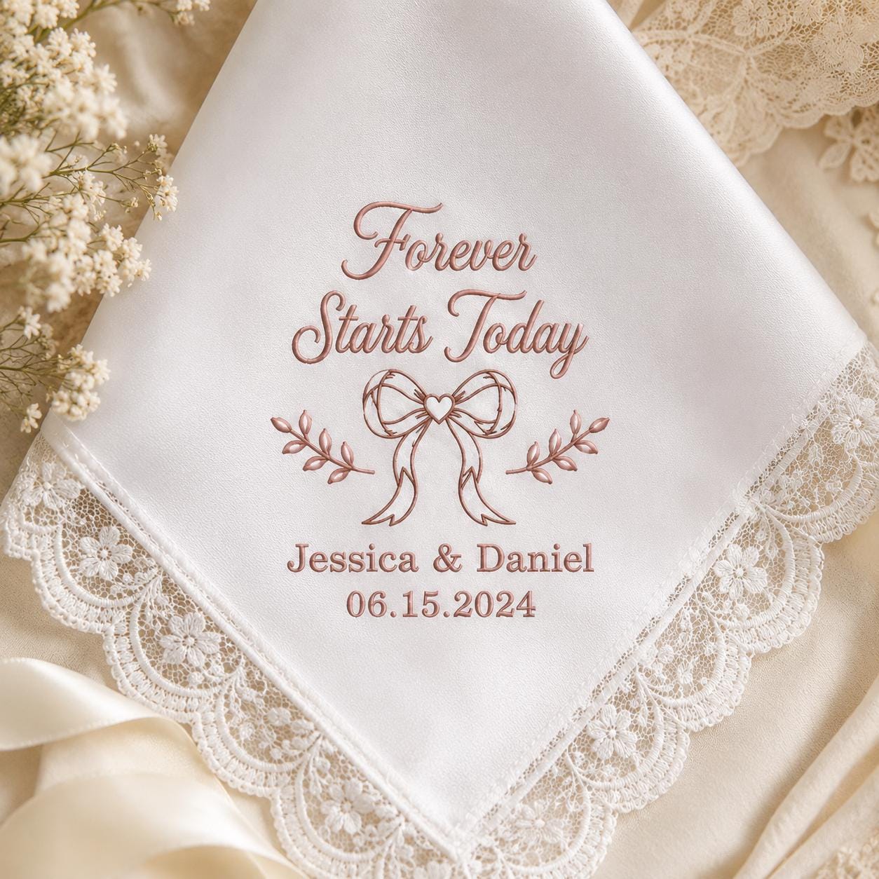 Forever Starts Today Embroidered Handkerchief, Personalized Wedding Hanky, Custom Anniversary Keepsake Gift