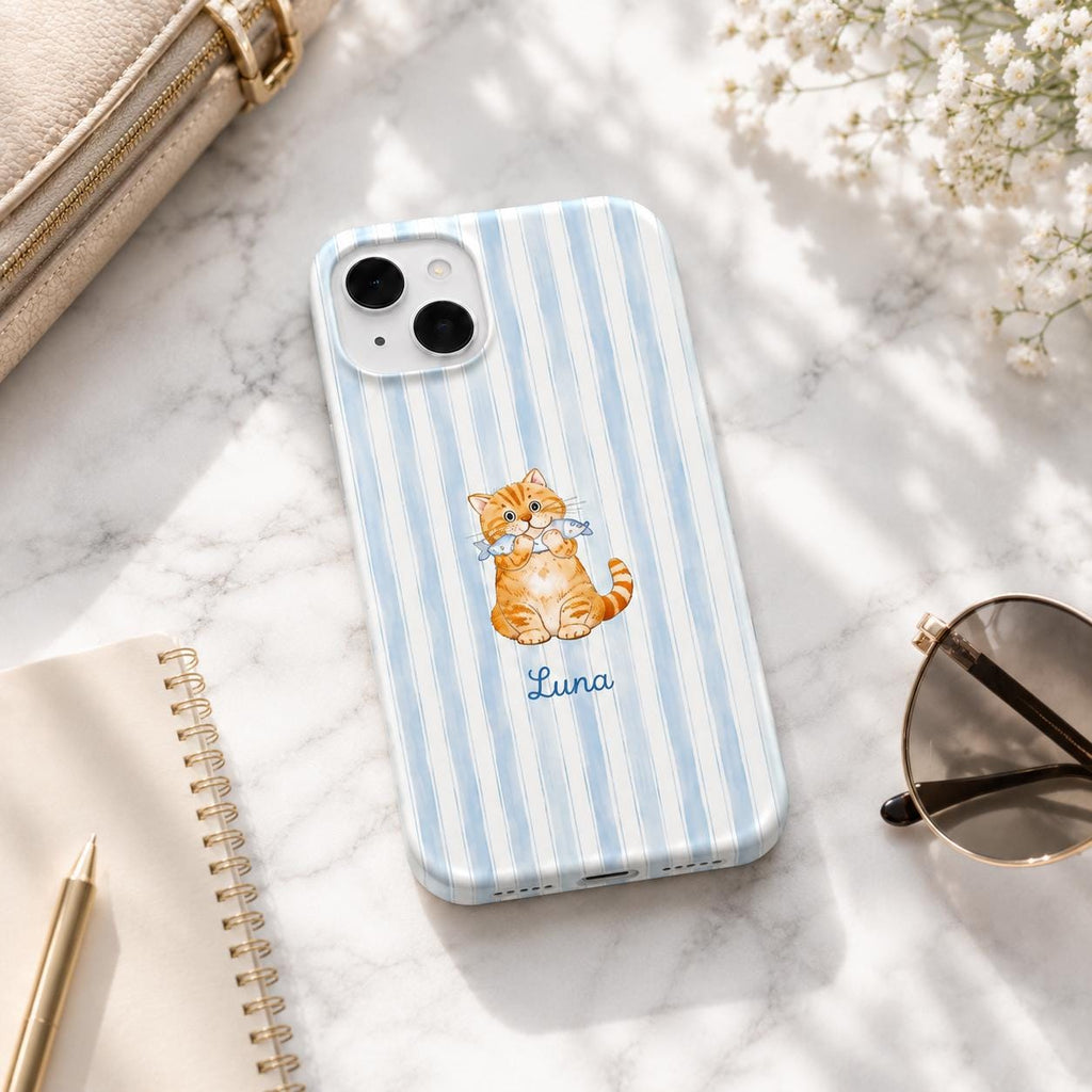 Custom Cat Phone Case, Personalized Orange Tabby Kitten Case, Cute Blue Stripe Pet Lover Gift, Cat Mom Phone Cover