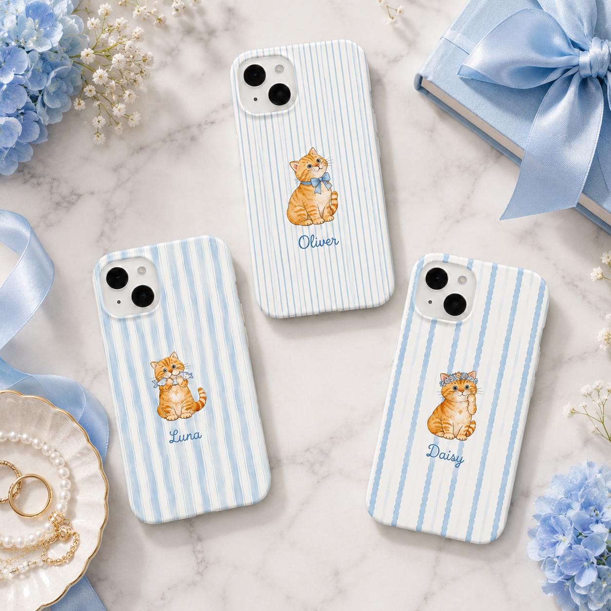 Custom Cat Phone Case, Personalized Orange Tabby Kitten Case, Cute Blue Stripe Pet Lover Gift, Cat Mom Phone Cover