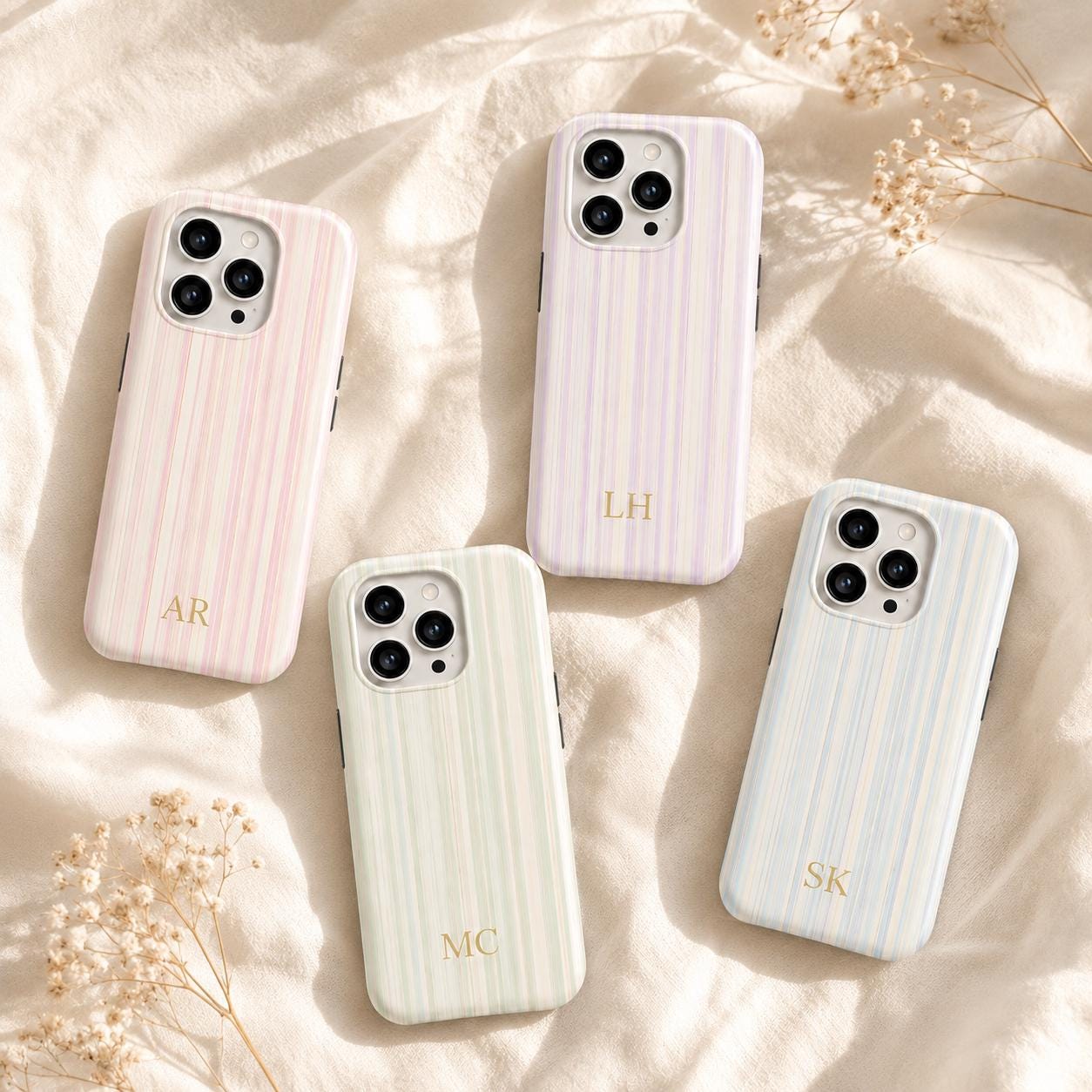 Custom Pastel Stripe Phone Case, Personalized Name Phone Cover, Soft Rainbow Minimal Case Gift For Her