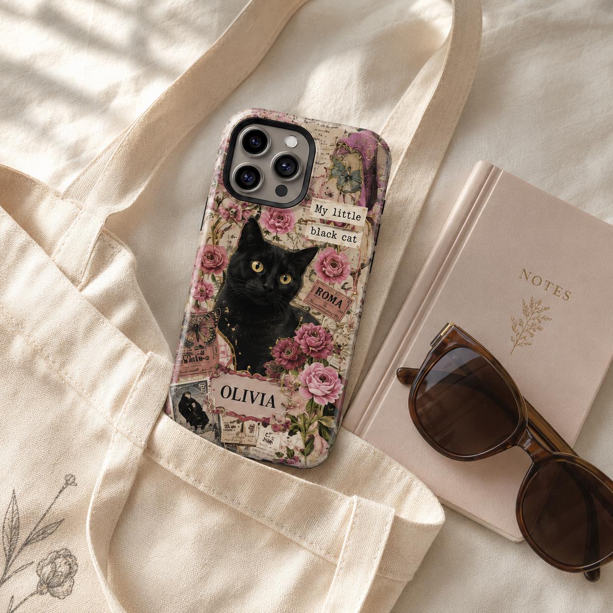 Custom Black Cat Phone Case, Personalized Vintage Collage Cat Case, Witchy Celestial Bookish Phone Cover Gift