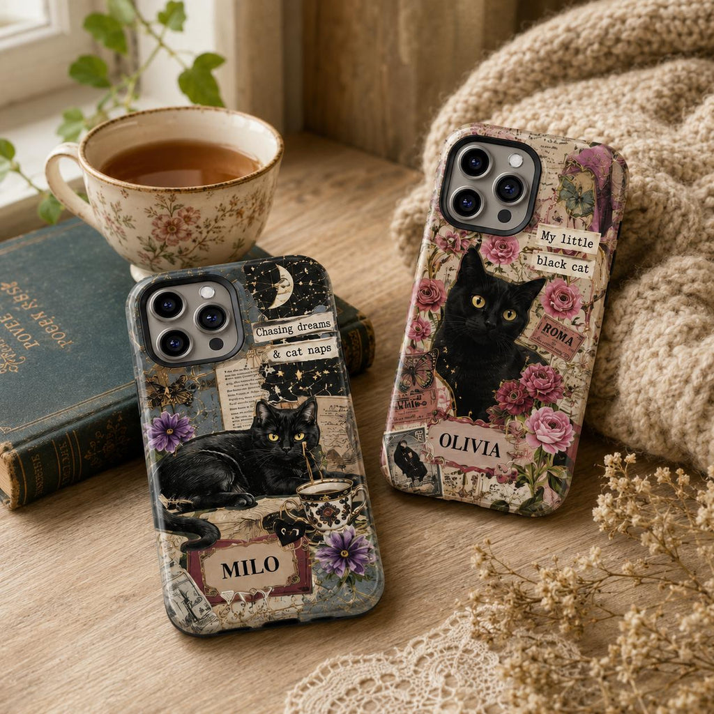 Custom Black Cat Phone Case, Personalized Vintage Collage Cat Case, Witchy Celestial Bookish Phone Cover Gift