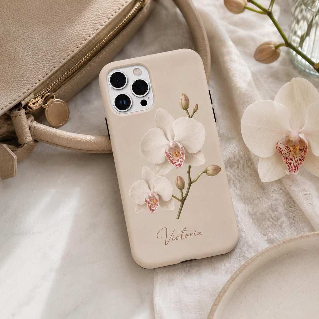 Custom Orchid Phone Case, Personalized Name iPhone Case, Elegant Black Floral Case Gif