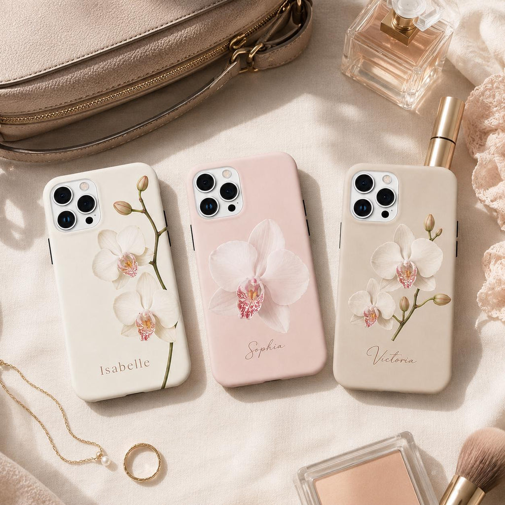 Custom Orchid Phone Case, Personalized Name iPhone Case, Elegant Black Floral Case Gif