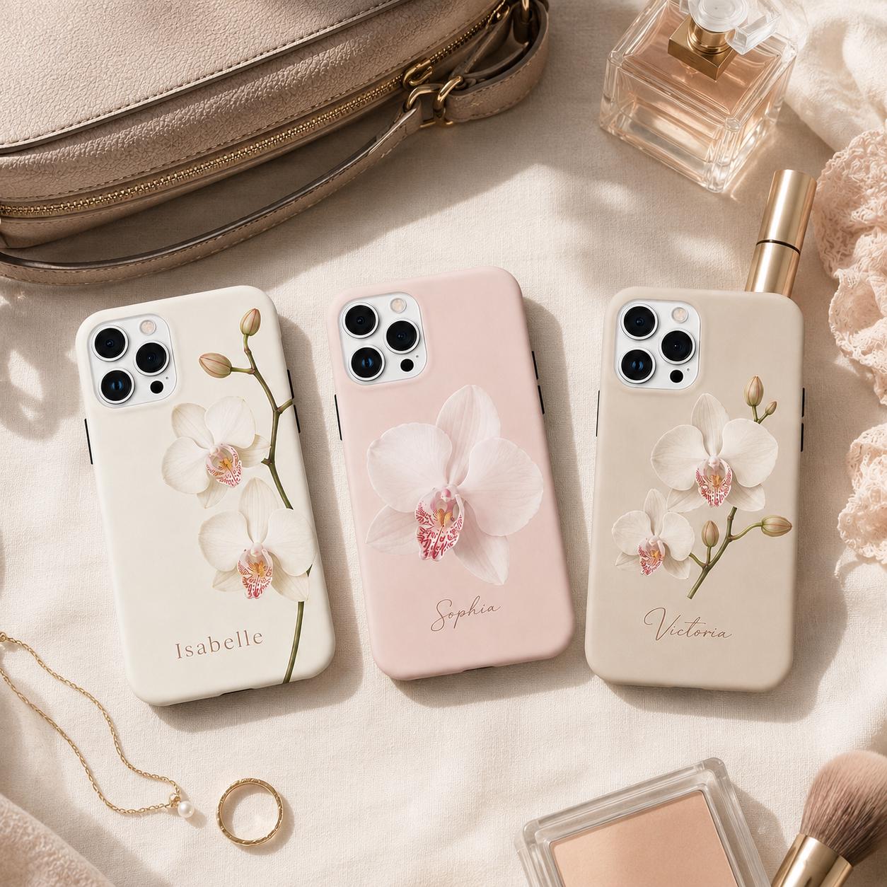 Custom Orchid Phone Case, Personalized Name iPhone Case, Elegant Black Floral Case Gif
