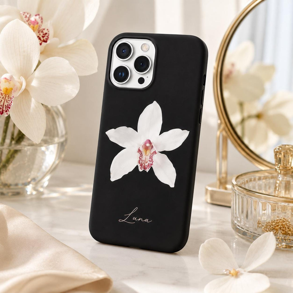 Custom Orchid Phone Case, Personalized Name iPhone Case, Elegant Black Floral Case Gif