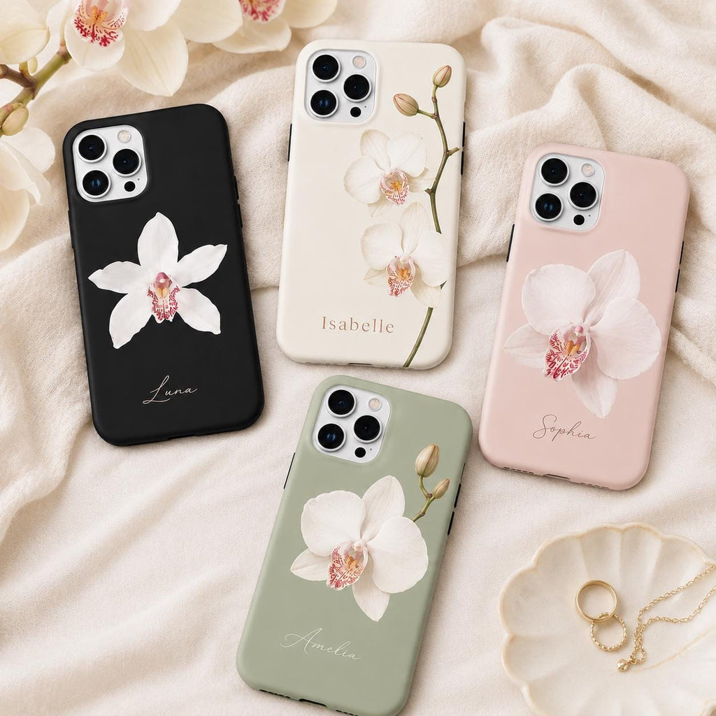 Custom Orchid Phone Case, Personalized Name iPhone Case, Elegant Black Floral Case Gif