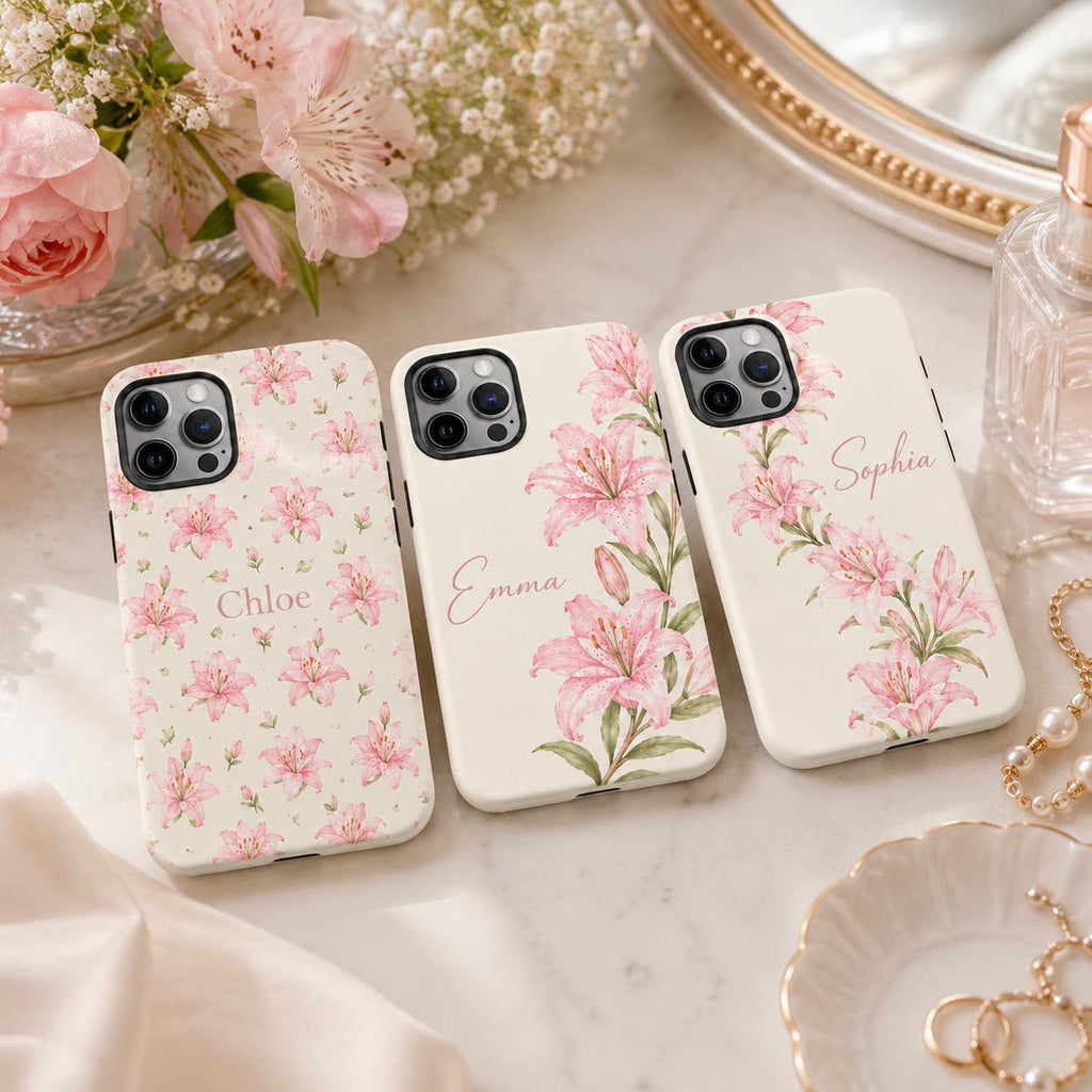 Pink Lily Phone Case, Watercolor Floral iPhone Case, Soft Feminine Botanical Case Gift