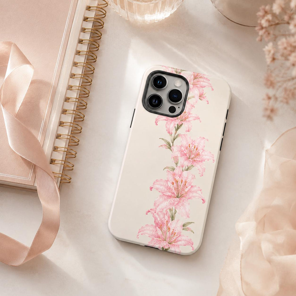 Pink Lily Phone Case, Watercolor Floral iPhone Case, Soft Feminine Botanical Case Gift