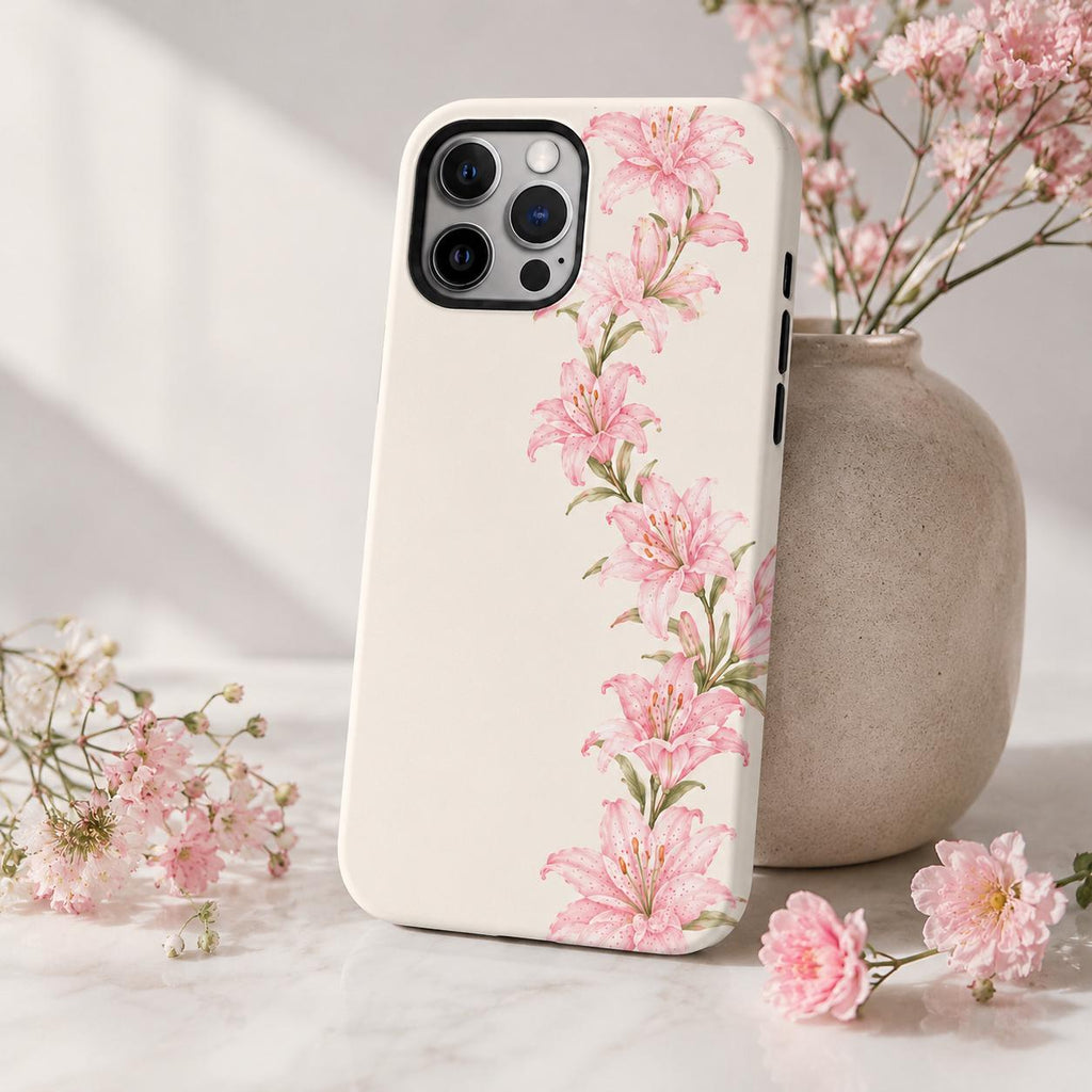 Pink Lily Phone Case, Watercolor Floral iPhone Case, Soft Feminine Botanical Case Gift