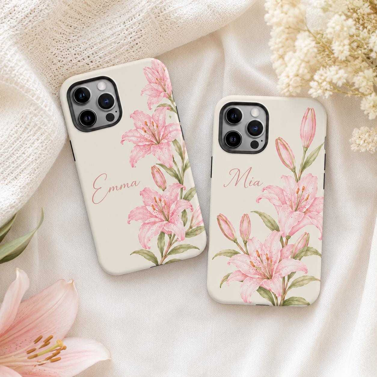 Pink Lily Phone Case, Watercolor Floral iPhone Case, Soft Feminine Botanical Case Gift