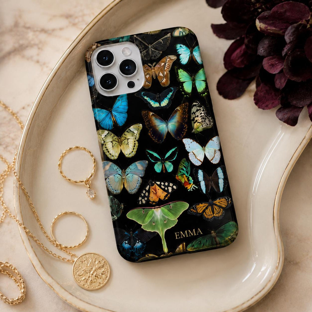 Dark Botanical Butterfly iPhone Case, Colorful Moth Nature Phone Cover